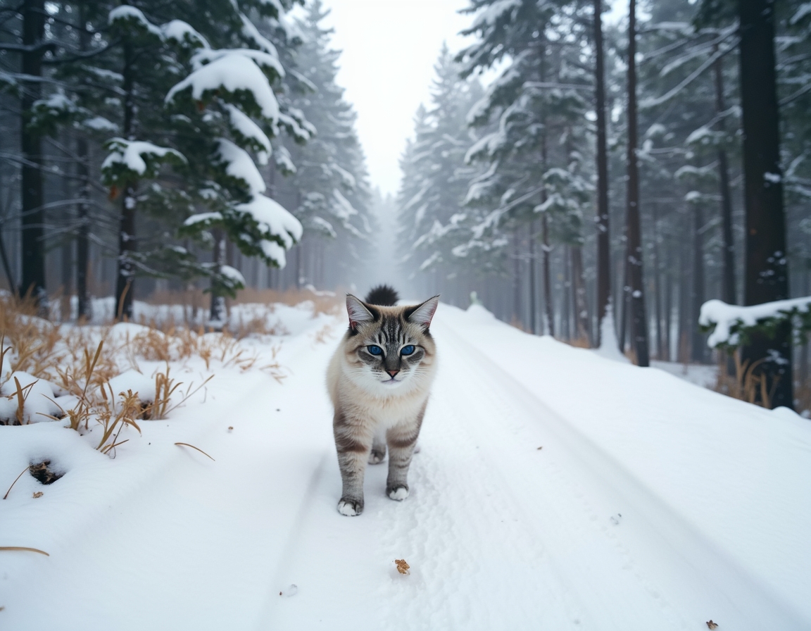 Cat walks along a snowy winter trail, leaving footprints in the fresh snow while surrounded by peaceful pine trees and gently falling snowflakes.